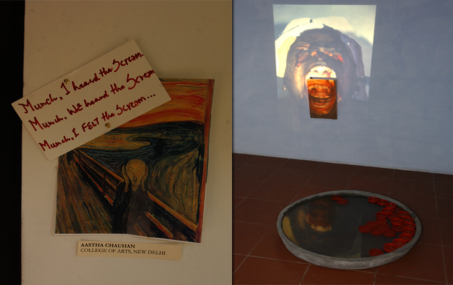 A painting and text collaged with a video projection.